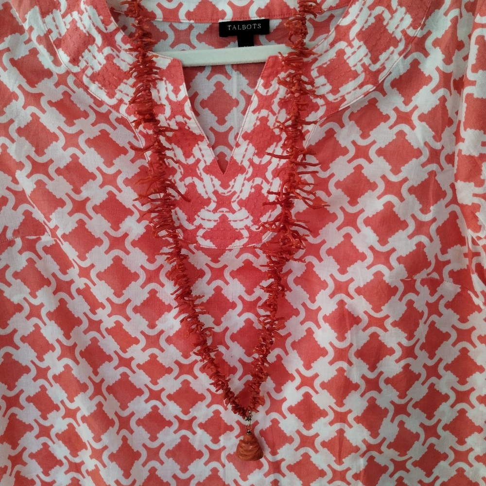 Talbots Salmon Pink Geometric Cotton Blouse